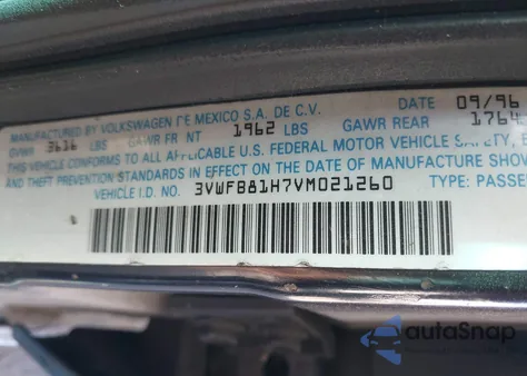 1997 Volkswagen Golf Gl z USA, uszkodzony, nr VIN 3VWFB81H7VM021260